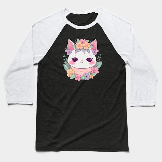 Cat cute kawaii with a flower crown Baseball T-Shirt by WAADESIGN